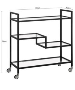 HOME TASTE Metal Serving Trolley With Clear Glass Shelves PreAssembled Utility Cart For Kitchen, Restaurant, Bar And Hospital Heavy Duty 1.3Cm Thick Metal Frame Black, Small 80X40X90Cm