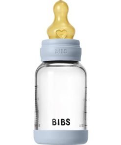 Alternative view of BIBS Glass Bottle Baby Bottle Round 120 Ml + Latex Teat Slow Food Flow - Baby Blue