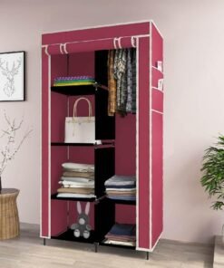 Maison & Cuisine ® 4+2 Layer Collapsible Wardrobe for Clothes with 6 Shelves, 2 Side Pocket and 1 Hanger (Non Woven Febric and Metal Rod, 84x42.5x166cm)(Maroon,7800-1)