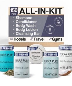 Terra Pure White Tea  Coconut Toiletries Set  1Shoppe Amenities Kit  1oz Shampoo  Conditioner Body Wash Lotion 125oz Bar Soap  Travel Size  150 Pieces