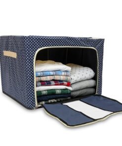 KACHKIT 66LTR Clothes Storage Box with Zip Wardrobe Cloth, Saree, Blanket Almari Fabric Foldable Steel Frame Organizer Bag with Top and Front Zipper, (Pack of 1, Blue Dot Polka). (Blue Dot)
