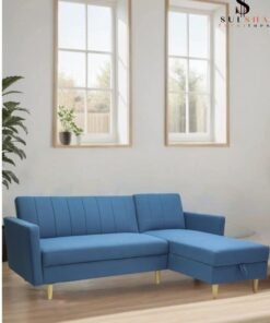 Sulsha New High Quality L Shape Corner Sofa Blue Color, Lounge Area Sofa, Sofa Bed With Chaise Fabric With Wooden Legs