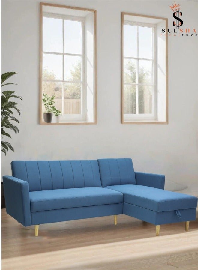 Sulsha New High Quality L Shape Corner Sofa Blue Color, Lounge Area Sofa, Sofa Bed With Chaise Fabric With Wooden Legs