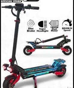 Wind Horse H8 Electric Folding Scooter 3600W (Dual 1800W Motors), 48V 27Ah Battery, 80KM/H Speed, 65KM Range, Dual Suspension, Disc Brakes, 10x3 Inches Tires, RGB Lights, Big Digital Display