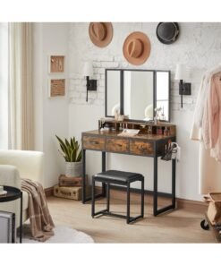VASAGLE Dressing Table with Mirror and Stool, Vanity Table with Tri-Fold Mirror, 3 Drawers, Hair Dryer Holder, Makeup Desk, Industrial Style, Rustic Brown and Black - Image 3
