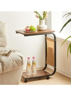 Cool Baby COOLBABY C-Shaped End Table with Wheels, Movable Side Table with Storage Pocket, 2-Tier Narrow Sofa Table with Metal Frame, Small Coffee Table for Living Room, Bedroom, and Office (45x30x65cm, Brown)