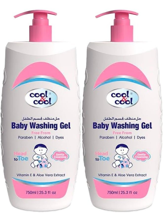 Cool & Cool Pack Of 2 Vitamin-E And Aloe Vera Extract With Extra Mild Formula Baby Washing Gel- 750Ml Head to Toe Baby Bath, Dye Free,Tear Free, Alcohol Free,Paraben-Free, 1.5 Liters