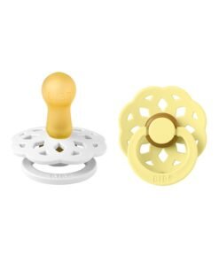 BIBS Baby Pacifier Boheme, Made with Natural Rubber Latex, Round Nipple, Mouth Skin Sensitive, Soft, Flexible, For Babies 6 Months and Above, BPA-free, White/ Sunshine Colour, Pack of 2, Size 2