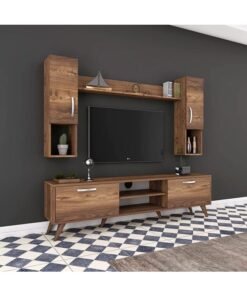 Alternative view of Home Canvas Tv Unit With Wall Shelf Tv Stand With Bookshelf Wall Mounted With Shelf Modern Leg 180 cm - Walnut
