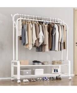 DubaiGallery Double Hanging Rod Garment Rack Hanger with Top Rod and Lower Storage Shelf, Closet Organizer Clothes Rack for Bedroom, Living Room and Entryway Steel Wall Shelf  (Number of Shelves - 2, White)