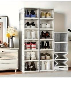 Golden Apple Market 6-Tier Clear Stackable Shoe Boxes, Foldable Transparent Shoe Storage Organizer with Cleaning Brush, Portable Installation-Free Shoe Cabinet for Home & Closet