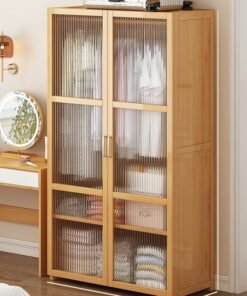 NKX Bedroom Coat Rack Home Wardrobe Light Luxury Simple Light Brown With Doors 160*44*84cm