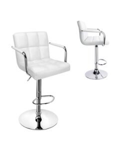 MAPLE HOME DECORATION Asara Modern PU Leather Adjustable Swivel Bar Stools with Armrest, Counter Height Chairs for Kitchen Island, Home, Office, Salon, and Bistro – Chrome Base, Durable & Stylish(White)