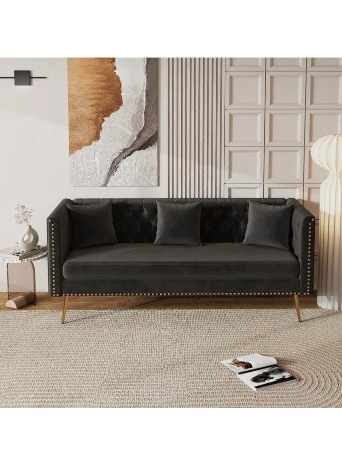Wooden Twist Modern Sofa Elegant Velvet Seating 3 Seater Sofa Set ( Black )