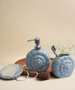 The Transit Story Premium Ceramic Bathroom Accessories Set of 3 | Shell Hand-Painted Luxury Bath Set with 300ml Liquid Soap Dispenser, Toothbrush Holder & Soap Tray | Matte Grey with Spiral Shell