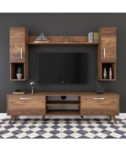Home Canvas Tv Unit With Wall Shelf Tv Stand With Bookshelf Wall Mounted With Shelf Modern Leg 180 cm - Walnut - Image 3