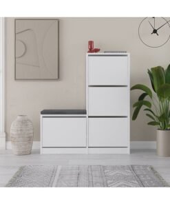 Mourah Home Dude Bench & Shoe Cabinet With Cushion 16 Pairs  Entryway Storage Cabient With 4 Doors Shoe Rack For Hallway Bedroom Living Room  26X118.5X105 Cm White