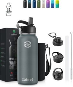 Zahive Insulated Stainless Steel Water Bottle with Straw with 3 Lids and Bag 1000 ml, Double Wall Thermos for Hot and Cold Drinks for Gym and Work, Wide Mouth, Leak Proof, 1 liter, Cool Gray