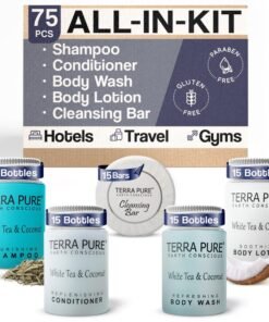 Terra Pure White Tea  Coconut Toiletries Set  1Shoppe Amenities Kit  1oz Liquids 125oz Bar Soap  Hotels Airbnb  Rentals  75 Pieces