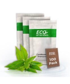 Eco Amenities Travel Size Conditioning Shampoo - 100 Pack, 0.35 oz Small Easy Tear Sachets, Green Tea Scent, Bulk Case of Trial Size Toiletries, Individually Packaged Hair Care Samples, Mini 2-in-1 Sh
