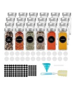 XiuWoo 24-Piece Glass Spice Jar Set with Airtight Metal Caps - 120ml Empty Square Spice Containers with Shaker Lids, Labels, Silicone Collapsible Funnel, Sponge Brush, White board Pen Included Multicolour 120ml