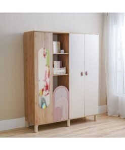 DANUBE HOME Zeta 4-Door Swing Door Wardrobe with Mirror & Open Shelves - Stylish Offwhite & Pink Engineered Wood Furniture for Bedroom Storage - Size: L160xW50xH119.6cm