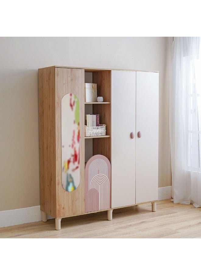 DANUBE HOME Zeta 4-Door Swing Door Wardrobe with Mirror & Open Shelves - Stylish Offwhite & Pink Engineered Wood Furniture for Bedroom Storage - Size: L160xW50xH119.6cm