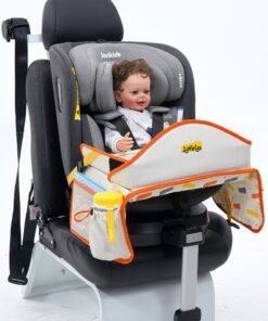 Jovikids Car Seat Travel Tray for Kids – Foldable Travel Table with iPad Holder, 7 Storage Pockets, Drawing Surface, Adjustable Strap & Educational Travel Desk | Road Trip Organizer for Children - Beige