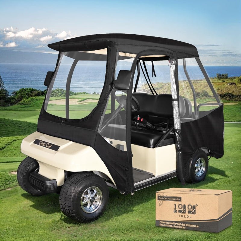 10L0L 4 Passenger Golf Cart Enclosure, Storage Cover (Short Roof 56" with Bench) for Club Car DS, Windproof Waterproof Portable 4-Sided Clear Window & Roll-up Zipper Door (Black/Transparent)