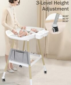 XiuWoo Deluxe baby changing table dresser diaper station with changing pad adjustable height top changing table with nursery organizer and Large storage rack for newborn baby and infant