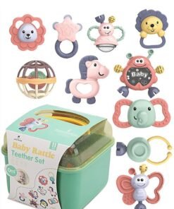 XiuWoo 10-Piece baby rattle toy, Infant teething toys, grab and spin rattles sensory toy set, food grade silicone material, newborn toys gift for babies 0-12-24 months boys girls, early educational toy set.