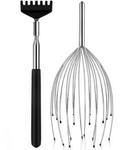 Loucky 2pcs Scalp Massager & Back Scratcher - 20 Finger Head Massager + Extendable Back Scratcher for man/woman, Relief Tool for Deep Relaxation