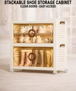 DBLEW Stackable Plastic Shoe Cabinet Storage Boxes with Magnetic Doors And Wheels Collapsible Foldable Organizer Container Bins Multi Purpose Rack for Shoes Clothes Toys Snacks Tools Durable Space Saving Design for Bedroom Bathroom Kitchen Study Room Office Living Room Entryway Garage Wardrobe Closet