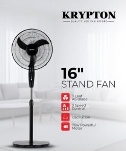 KRYPTON 16” Pedestal Fan | 3 AS Blades High-Speed Stand Fan with Powerful 70W Motor | 3-Speed Settings | Silent Air Circulation | Adjustable Tilt & Oscillation | Ideal for Home, Office & Garage Use 70 W KNF6153L Black