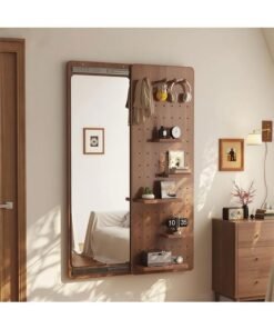 Entrance Corridor Wall-Mounted Mirror, Multi-Functional Wall Mirror with Hidden Storage Compartments, Full-Length Dressing Mirror with Hook Sliding Design, Hanging Storage Rack Storage Board, Suitable for Bedroom, Living Room, Entrance Foyers