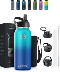 Zahive Insulated Stainless Steel Water Bottle with Straw with 3 Lids and Bag 1000 ml, Double Wall Thermos for Hot and Cold Drinks for Gym and Work, Wide Mouth, Leak Proof, 1 liter, Ocean Blue