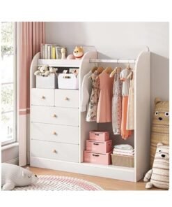 Kids Wardrobe, Bedroom Cabinet Wooden Closet with 5 Drawers and Hanging Area for Clothes, Half-Open Baby Clothes Storage Organizer Cabinet Cupboard for Boys Girls Nursery Room (White)