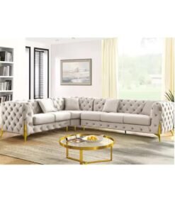 Maharat Al Bahar Luxury L-Shaped Cream Velvet Chesterfield Sofa – 6-Seater with Golden Legs – Timeless Elegance for Refined Living Spaces