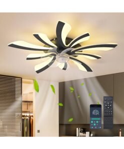 Ganeed Modern Dimmable Black LED Ceiling Fan with Lights, 70cm 5-Light Low Profile Small Semi Flush Mount Silent 6-Speed Ceiling Fan with Lamp, Ceiling Lighting Fixture for Living Room Bedroom Office