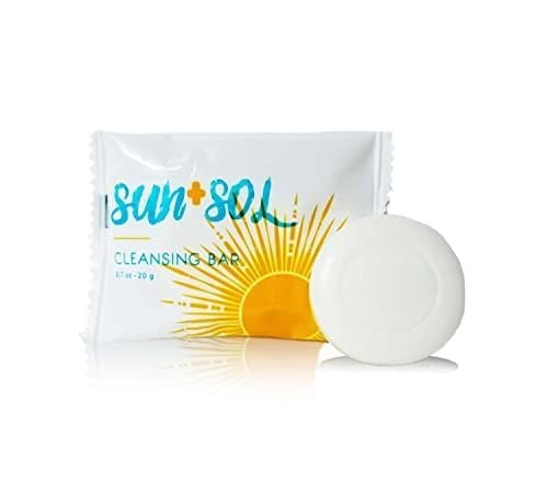 world amenities Sun + Sol Bulk Luxurious Cleansing Bar With Warm Coconut & Vanilla Fragrances, Pleat Wrapped Travel Size Toiletries, Mini Hotel Amenities