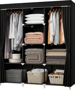 KEKIWE Portable Closet, 51 Inch Wardrobe Closet for Hanging Clothes with 2 Hanging Rods, 8 Storage Organizer Shelves for Bedroom, Durable and Easy to Assemble, Black