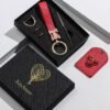 KeyAmor Elegant metal and quilted leather keychain car key holder for adults.Includes a matching AirTag holder.  Stylish keychain with golden crystal-accented rings, perfect for women, featuring 3 key rings for added functionality. Made with elegant red leather, offers 360-degree rotation, and comes in a fancy gift box, making it a perfect gift choice.