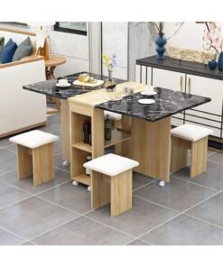 Extendable Folding Dining Table Set , Multifunctional Mobile Kitchen Table, Folding Kitchen Table with 2-Layer Shelf, 6 Wheels, With Four Benches