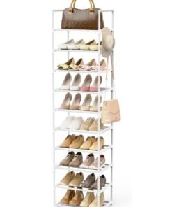 ARNOTEC Narrow Shoe Rack 10-Tier Tall Shoe Organizer for Entryway, Closet, and Garage – Space-Saving Metal Shoe Storage Shelf with Hooks for 20-24 Pairs, Stackable & Adjustable, White (200 cm H x 43.5 cm D x 30 cm W)