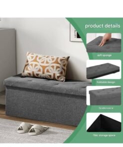 XiuWoo Foldable Storage Ottoman Bench, Storage Chest, Large End of Bed Foot Rest Stool with Padded Seat, Bedroom Bench for Living Room, Support 660lbs, Pure Grey