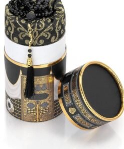 Globalests Muslim Prayer Rug and Beads with Elegant Design Cylinder Gift Box | Janamaz Sajadah Soft Islamic Gifts Set Carpet Mat, Taffeta Fabric, Black