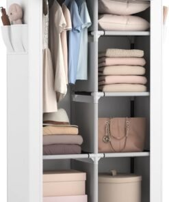 ROJASOP Portable Closet Wardrobe Closet for Hanging Clothes with 6 Storage Shelves, 1 Hanging Rod and 4 Pockets, Clothes Organizer and Storage Wardrobe Free Standing Closet for Bedroom, White