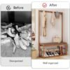 Rock Pow Clothes Stand with Shoe Rack Bench, 3 In 1 Cloth Hanger Stand Bamboo Clothes Rack, Free Standing Coat Rack with Shoe Storage Bench for Hallway, Entryway,103cm/40.6