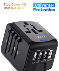 TIKNIA Travel Adapter, TIKNIA Universal Travel Adapter - 3 USB + 1 Type C in One Travel Charger with UK/US/AUS/EU Plugs and Socket, International Power Adapter Wall Charger (Type-c Black)
