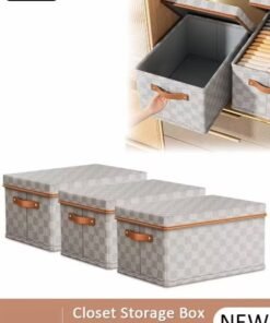 JOUDIYA 3 Pack 18L Foldable Closet Storage Boxes with Lid and Handle, Stackable Wardrobe Clothes Organizer Bins, Fabric Cube Storage Baskets for Clothing, Sweaters, Jeans, Toys, Books & Bedroom Organization